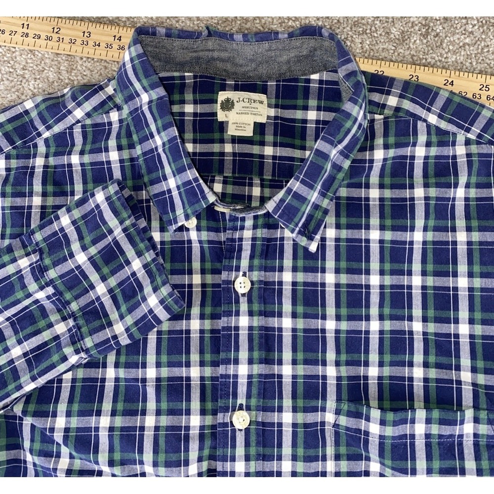 J Crew Washed Tartan Blue/Green Plaid Gingham Shirt Mens L Preppy Cotton Pocket